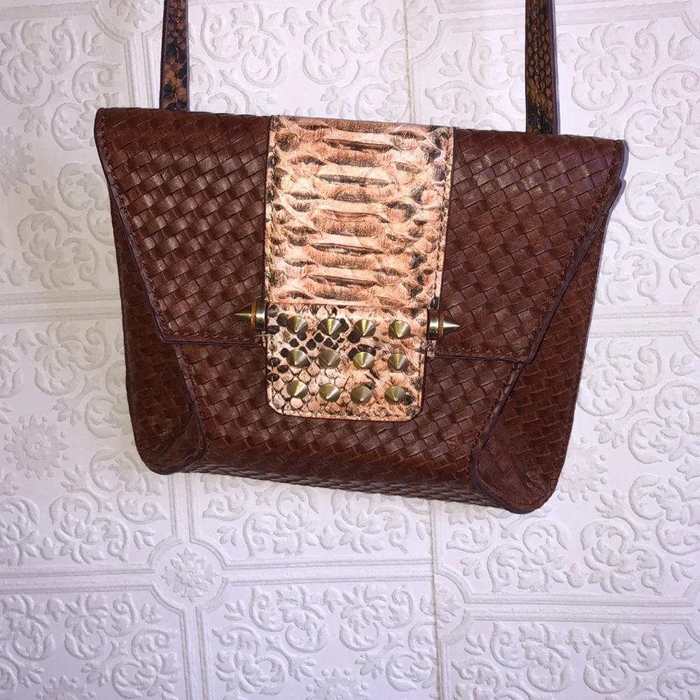 Rachel Roy Woven Faux Snakeskin Studded Crossbody